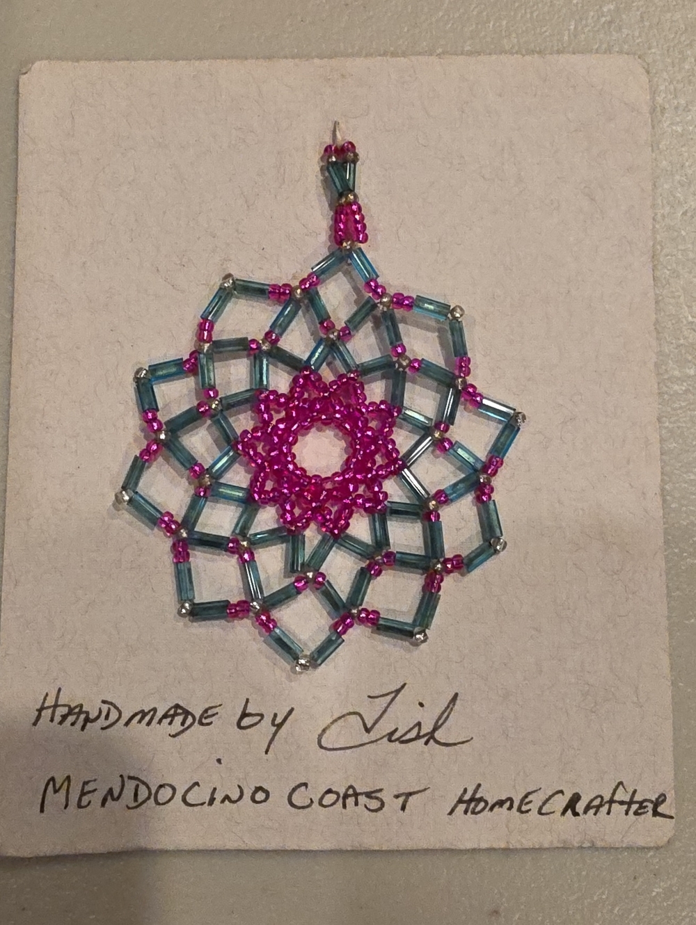 Handmade Pink and Teal Beaded Flower Pendant Necklace by